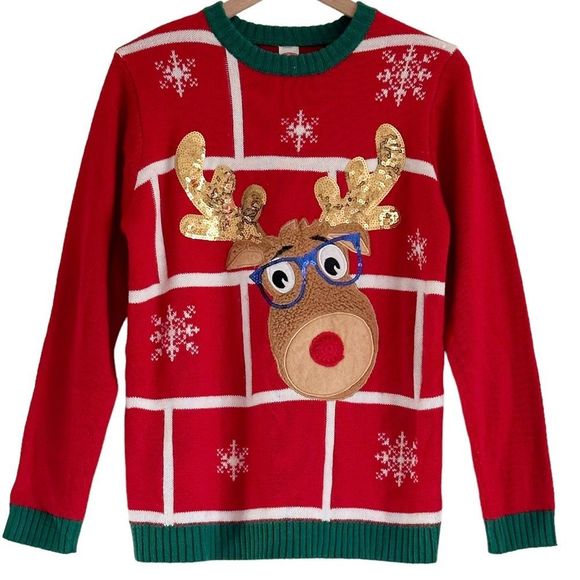 Cute Reindeer with Sequin Antlers and Glasses Ugly Christmas Sweater XXL - Picture 1 of 5